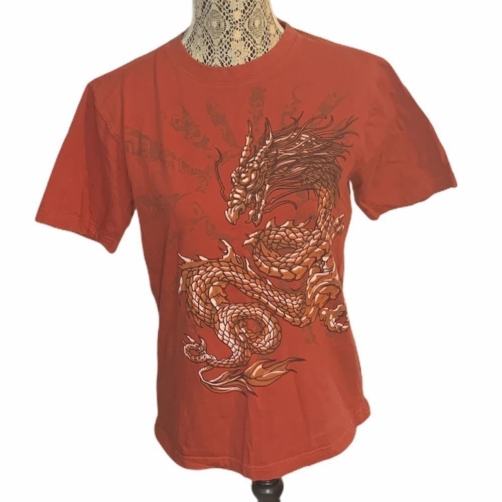 725 Originals Red Short Sleeve Dragon Print Basic T-shirt Size Small